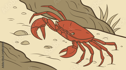 Red crab scuttling across sandy beach with rocks and grass