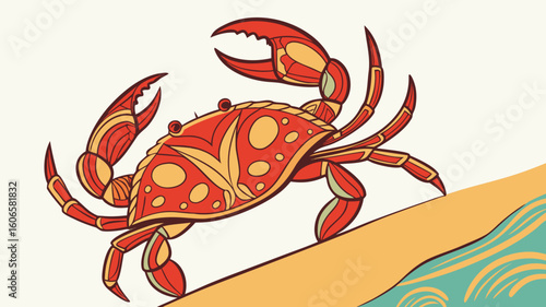 Stylized red crab on a sandy beach with ocean waves