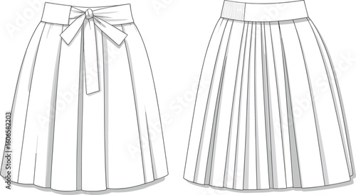 CAD drawing flat vector illustration, skirt design technical sketch, pleated style, tied waist detail, fashion template, apparel layout, sewing pattern