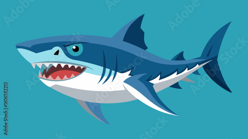 Fierce blue shark with open mouth and sharp teeth