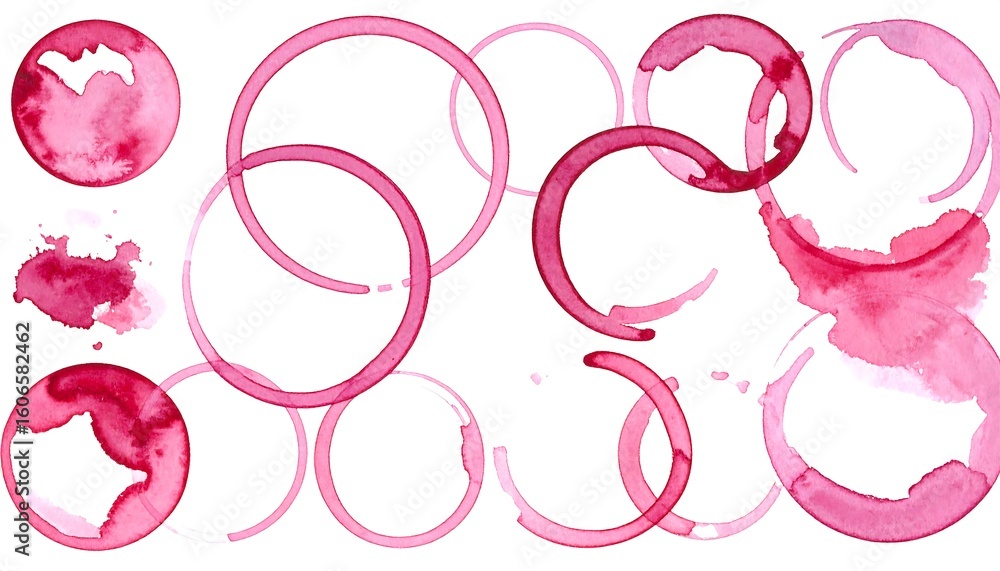 Fototapeta premium Watercolor circles and stains in shades of crimson and rose create a decorative background ideal