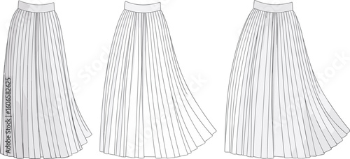CAD Drawing Flat Vector Illustration of Pleated Skirt with Structured Waistband, Stitch Detail, Fashion Garment Template, Front and Back View
