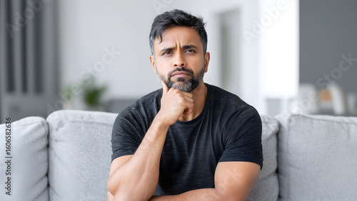 Thoughtful Indian man sitting on couch showing overthinking and deep thought
