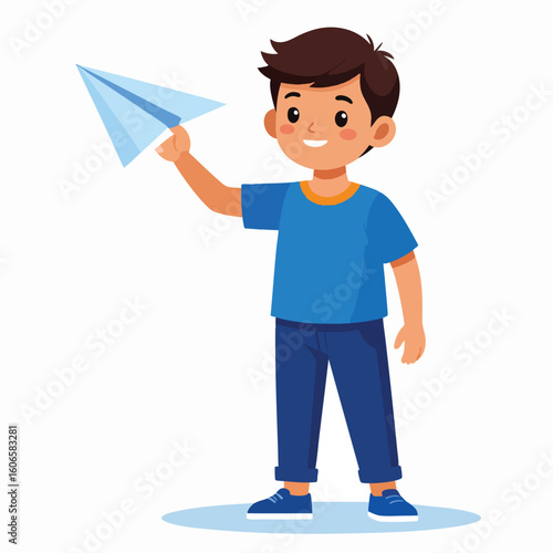 A cartoon boy smiles and holds up a blue paper airplane, ready to launch it.