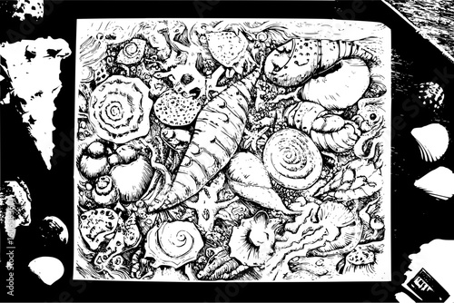 A detailed monochrome drawing showcasing a diverse collection of seashells and starfish arranged together