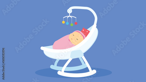 Cute baby sleeping in a baby carriage. Vector illustration in cartoon style.