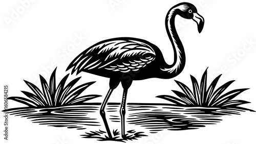 Black and white flamingo standing in water with reeds
