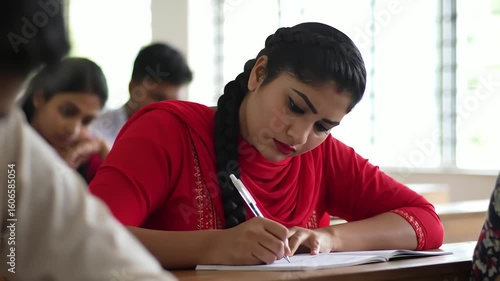 Diligent Indian female student in a traditional red outfit attentively writing an exam in a bright classroom