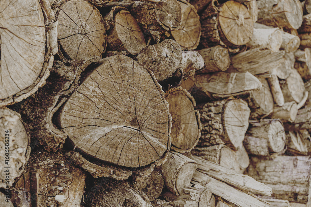 Naklejka premium Closeup old dry wood log cut pile stacked timber for firewood and sawmill forestry industry