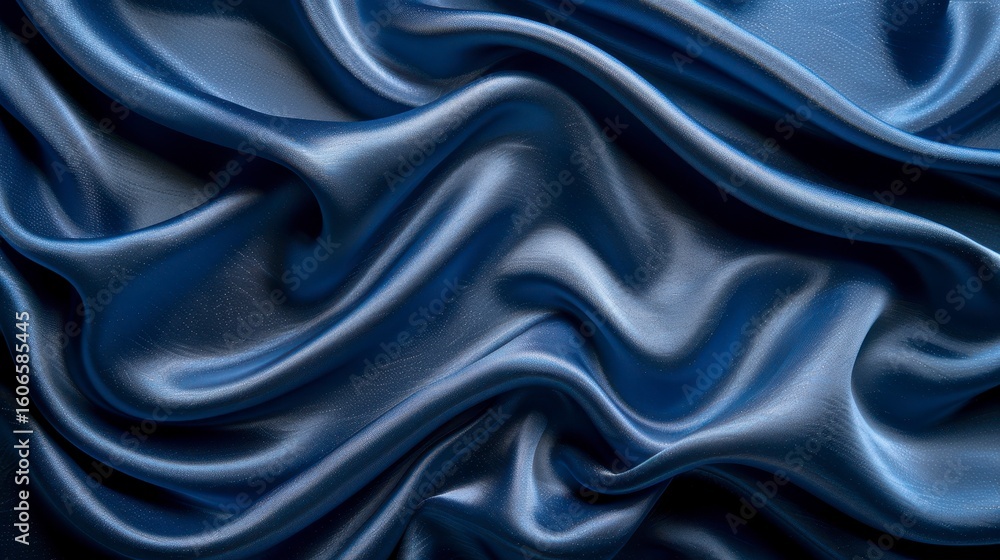 Fototapeta premium Draped, shiny blue fabric texture. Soft folds create a smooth, luxurious look