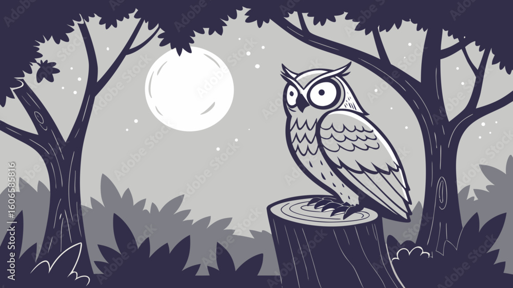 Fototapeta premium Wise Owl Perched on Tree Stump Under Night Sky A Serene Nocturnal Scene