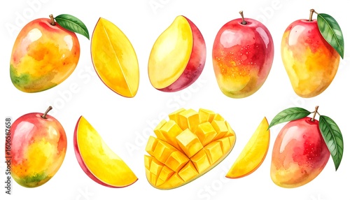 Watercolor mangoes illustration set featuring whole, sliced, and cubed fruits perfect for summer