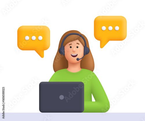 Young smiling woman Kate with headset and laptop talking with clients. Customer service, call center, hotline, customer support concept. 3d vector people character. Cartoon minimal style.
