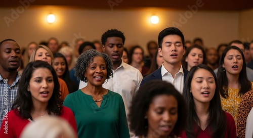 Diverse group of people singing in a church choir.