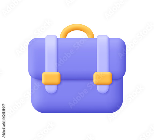 Purple briefcase with straps and yellow buckles. Business, finance, office work, education concept. 3d vector icon. Cartoon minimal style.
