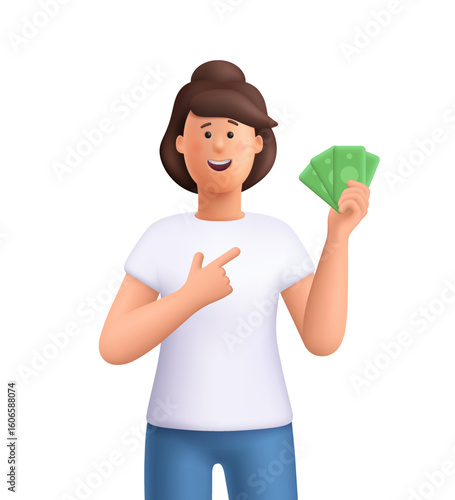 Young smiling woman Jane holding cash banknotes. Payment, banking, shopping, financial success, money management concept. 3d vector people character. Cartoon minimal style.