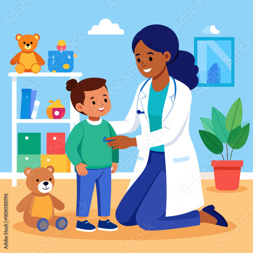 A friendly pediatrician examines a young child during a checkup in a brightly colored playroom.