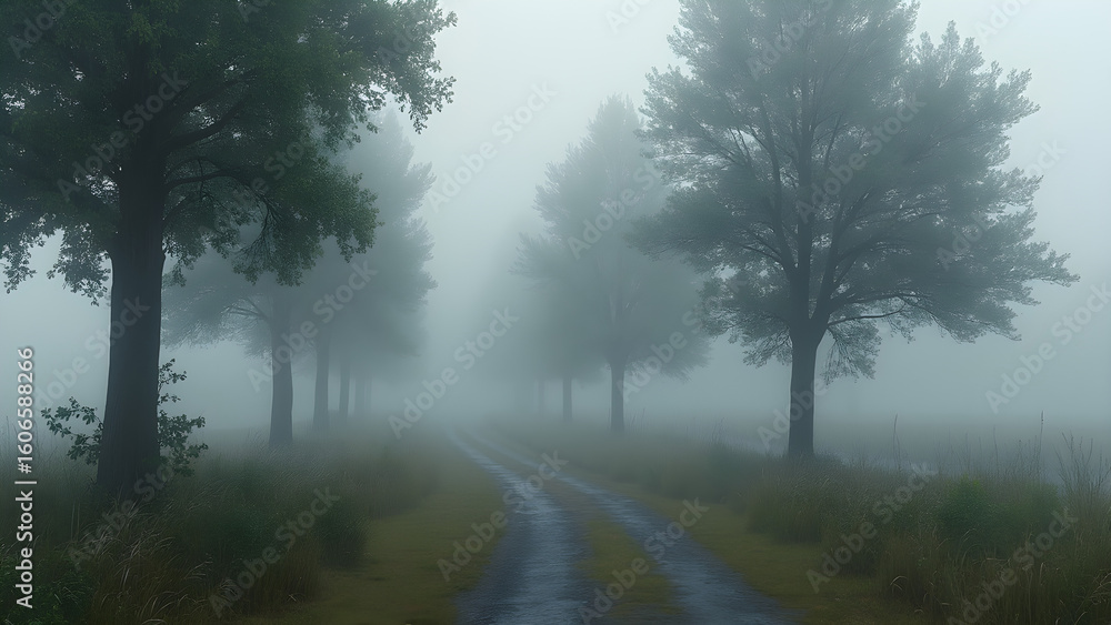 Dense fog in countryside trees. Ultra-realistic rainy morning scene. Nature photography in foggy weather. Captivating rural landscapes with mist. Dense fog in countryside trees. Ultra-realistic rainy morning scene. Nature photography in foggy weather. Captivating rural landscapes with mist.