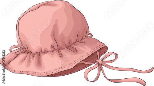 A digital illustration of a pink sunbonnet. The bonnet is ruffled around the brim and has two ribbons tied under the chin. It is presented on a white background, appearing soft and light pink 