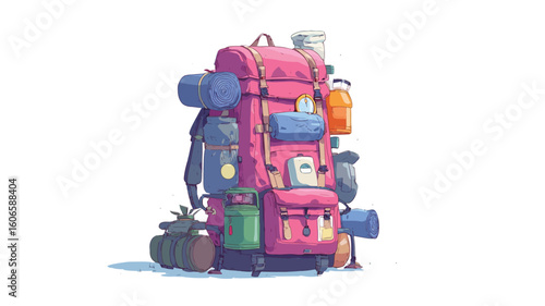 A digital illustration of a large, pink backpack overflowing with various camping and travel items.  The backpack is depicted in a cartoonish style with a slightly painterly texture. It's heavily