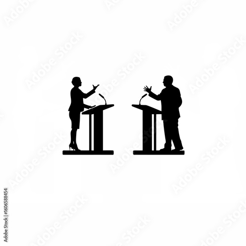 Silhouette of two leaders debating on stage on white background