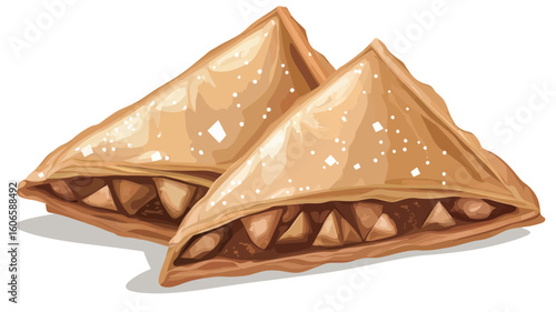 A digital illustration depicting two triangular pastries.  The pastries are golden brown with a visible filling showing through the slightly open edges.  The illustration style is cartoonish 