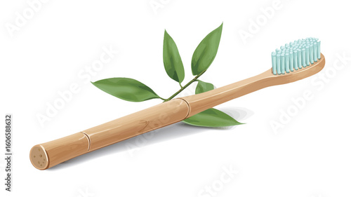 A close-up studio shot of a bamboo toothbrush lying on a white background.  The toothbrush is light brown and made of bamboo.  The bristles are a light teal color.  Several green leaves are