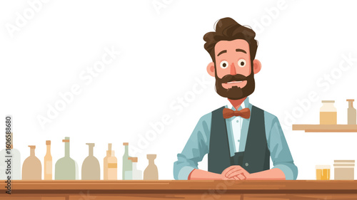 A digital illustration depicting a cartoon-style man with a beard and bow tie, positioned behind a bar counter. The man is smiling and appears friendly.  The bar counter features a row of various