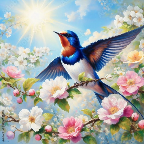 Wallpaper Mural A painting of beautiful bird on a background of vibrant blossoms and soft blue skies Torontodigital.ca