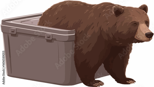 A digital illustration depicting a brown bear partially inside a large, light brown plastic storage container. The bear's body is mostly within the container, with its head and front legs visible