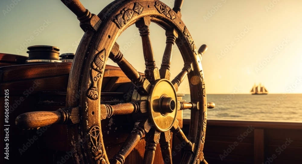 Fototapeta premium Wooden ship's wheel at sunset (1)