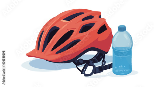 A digital illustration depicting a red bicycle helmet and a blue plastic water bottle. The helmet is shown angled slightly to the left, with its straps partially visible. The water bottle stands