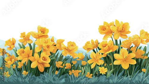 A digital illustration depicting a cluster of vibrant yellow daffodils in full bloom. The daffodils are densely packed together, creating a vibrant yellow mass against a background of muted