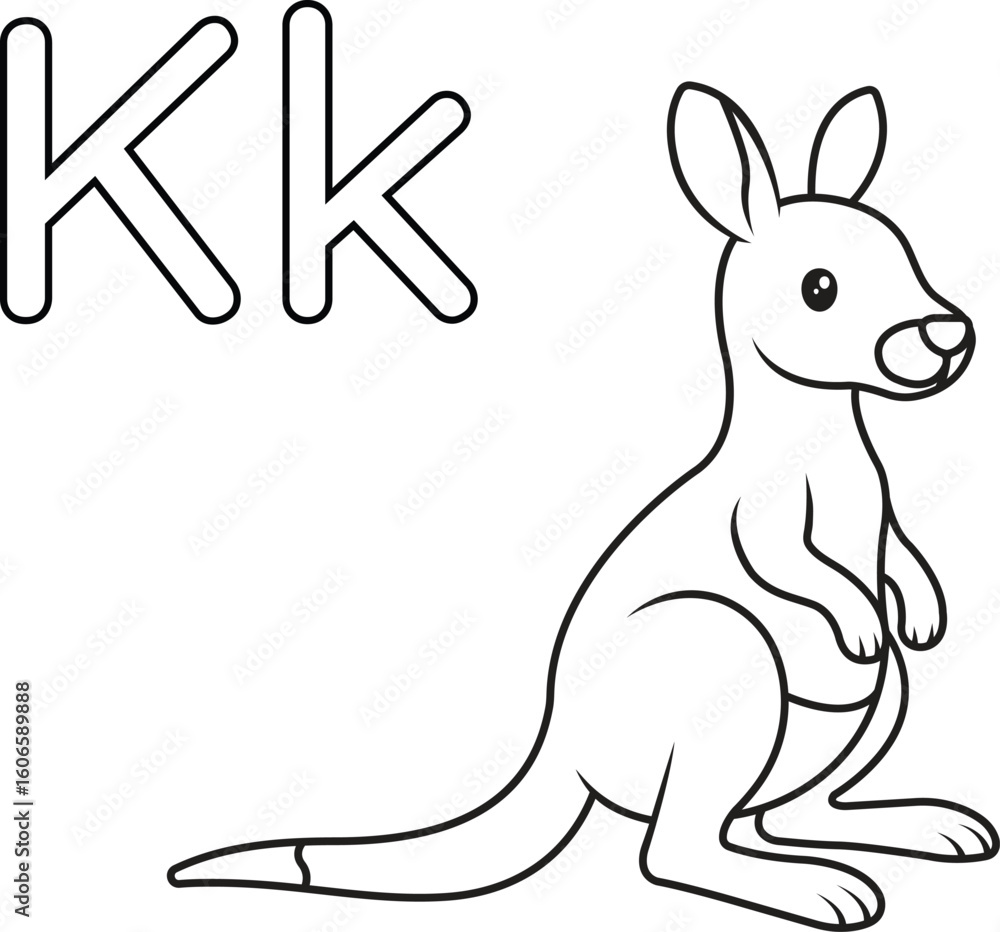 Obraz premium Isolated Alphabet coloring page letter K with kangaroo. Good for preschool learning, early literacy activities, homeschooling, and printable worksheets