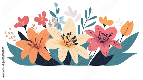 A digital illustration depicting a stylized floral arrangement. The arrangement features several lilies in shades of orange, pink, and yellow, along with smaller flowers and leaves. 