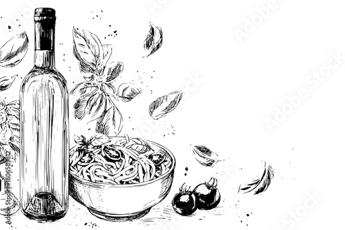 Illustration showing a bottle of wine, pasta in a bowl, basil leaves and tomatoes in black and white
