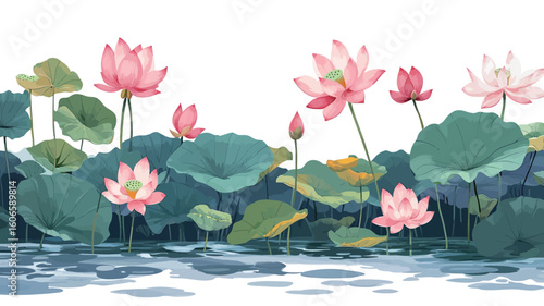 Digital illustration depicting a cluster of pink lotus flowers and their large, round leaves emerging from a body of calm water. The style is reminiscent of watercolor painting, with soft color