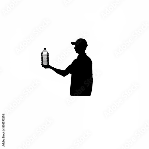 Silhouette of volunteer offering water bottle on white background