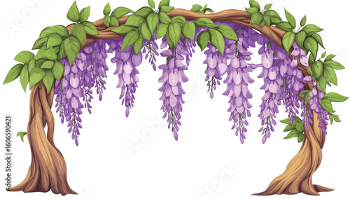Digital illustration of a wisteria archway against a white background. The arch is formed by two stylized, textured brown wooden posts connected by a flowering wisteria vine. 