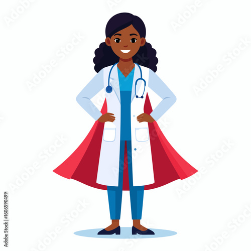 A smiling female doctor stands confidently, wearing a cape and stethoscope.