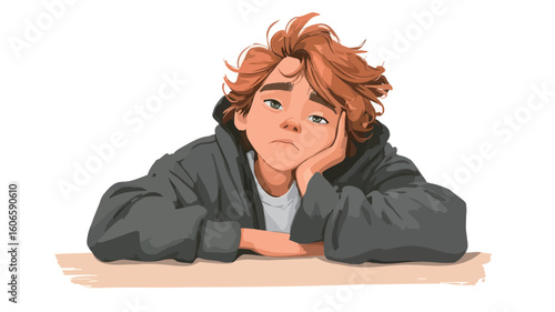 A digital illustration of a teenage boy with reddish-brown hair, wearing a dark gray hoodie. He is leaning on a table, his face resting on his hand, conveying a pensive or bored expression.