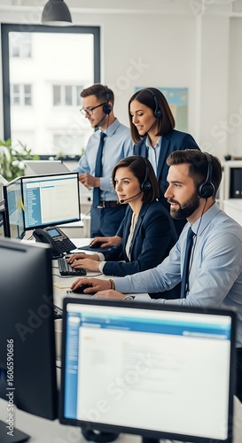 Customer service representatives working at computer workstations.