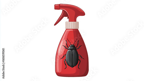 A digital illustration of a red plastic spray bottle with a trigger sprayer. The bottle features a cartoon illustration of a dark-colored beetle on its surface. The background is pure white,