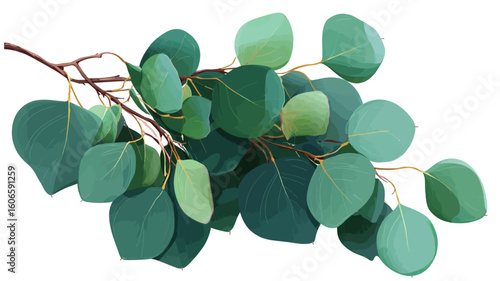 Close-up shot of an artificial eucalyptus sprig against a white background. The sprig features multiple teal and green leaves of varying shades and sizes attached to brown stems. 