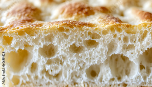 Focaccia flatbread slice macro texture, baked dough pattern. White bread loaf cut close up