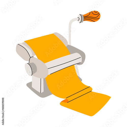 Flat illustration of a pasta maker machine used for rolling and cutting fresh dough. Ideal for Italian cuisine, cooking tools, or homemade pasta themes