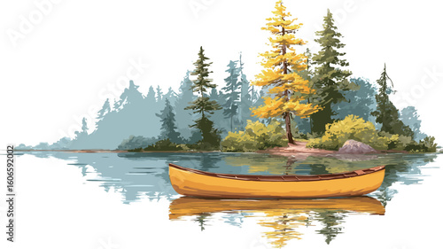 The image is a digital painting or illustration depicting a yellow canoe floating on a calm lake. The lake's surface reflects the canoe and the surrounding landscape. The background features 