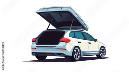 A rear three-quarter view illustration of a white station wagon with a large, open roof top cargo box. The car is depicted against a white background.  The illustration style is clean and simple,