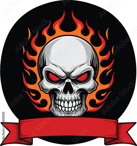 Flaming Skull Badge Emblem Vector for Biker Logo and Racing Design
