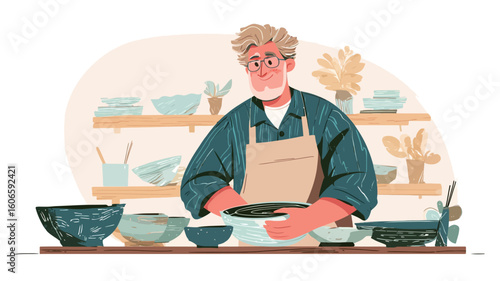 A vector illustration depicting a senior man with blonde hair and glasses, wearing a teal shirt and beige apron, working with pottery. He is surrounded by various ceramic bowls and plates on